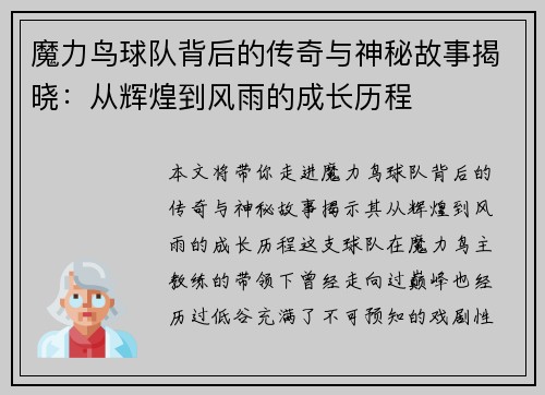 魔力鸟球队背后的传奇与神秘故事揭晓：从辉煌到风雨的成长历程