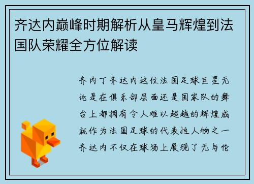 齐达内巅峰时期解析从皇马辉煌到法国队荣耀全方位解读