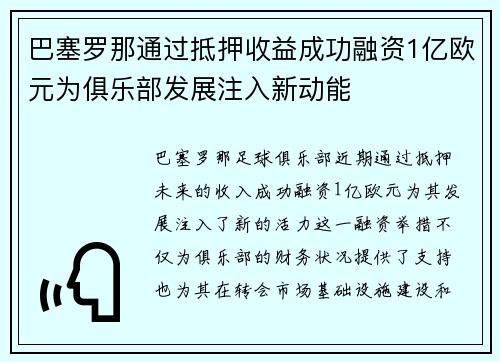 巴塞罗那通过抵押收益成功融资1亿欧元为俱乐部发展注入新动能